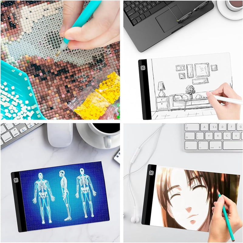 4X A4 LED Light Board, 3 Level Dimmable Brightness USB Power Crafts Light Table for Tracing, Light Drawing Sketch Pad