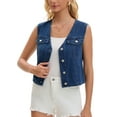 thumbnail image 4 of Women's Cropped Denim Vest V Neck Western Button Up Sleeveless Jean Waistcoat Jacket M Dark Blue, 4 of 6