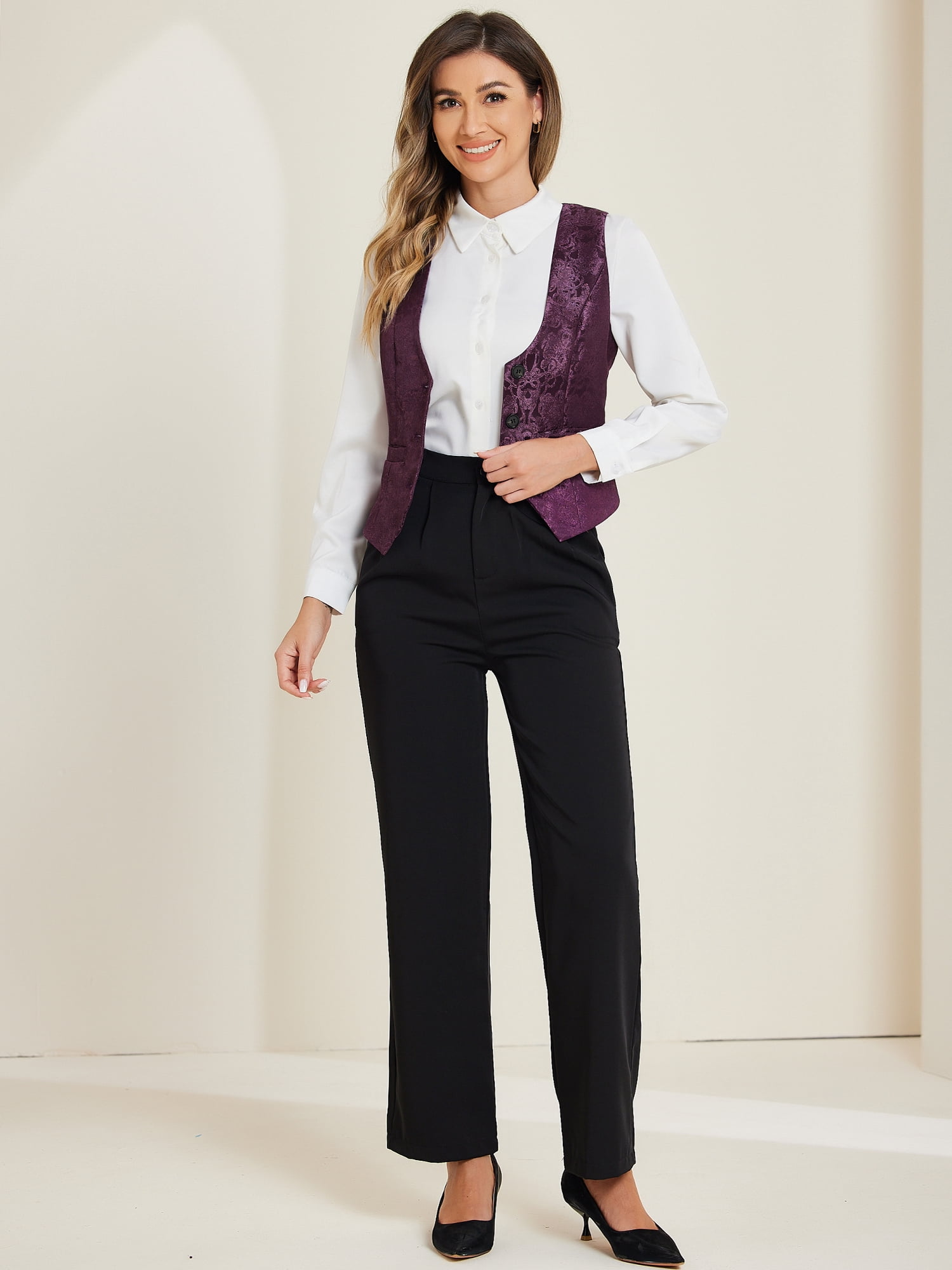 DARING DIVA Women's Button Up Steampunk Jacquard Sleeveless Suit Vest L Dark Purple