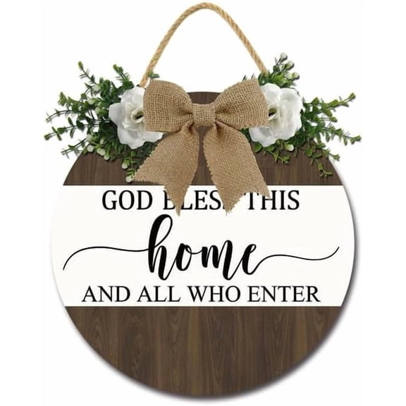 God Bless This Home and All Who Enter Front Door Sign Welcome Sign Rustic Round Wreath Wall Hanger Porch Decor Wooden Farmhouse Decoration for Housewarming