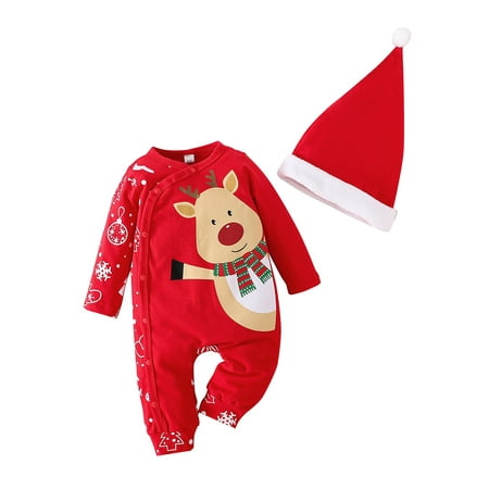

sdghg Baby Girls Boys Christmas Romper Snowflake Tree Gingerbread Man Elk Print V-Neck Long Sleeve Jumpsuits with Hat