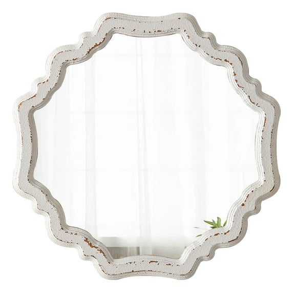 Sintosin Rustic Wooden Round Mirror, 15.7" Scalloped White Vanity Mirror for Bathroom or Living Room Decor