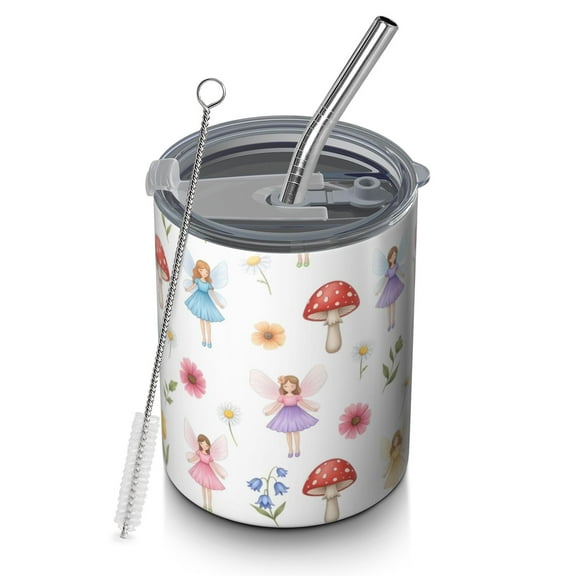 12oz Coffee Tumblers Flower Fairy Princess Pattern Stainless Steel Vacuum Insulated Travel Tumbler Coffee Cups Mug with Lid and Straw with Cleaning Brush for Cold & Hot Drinks