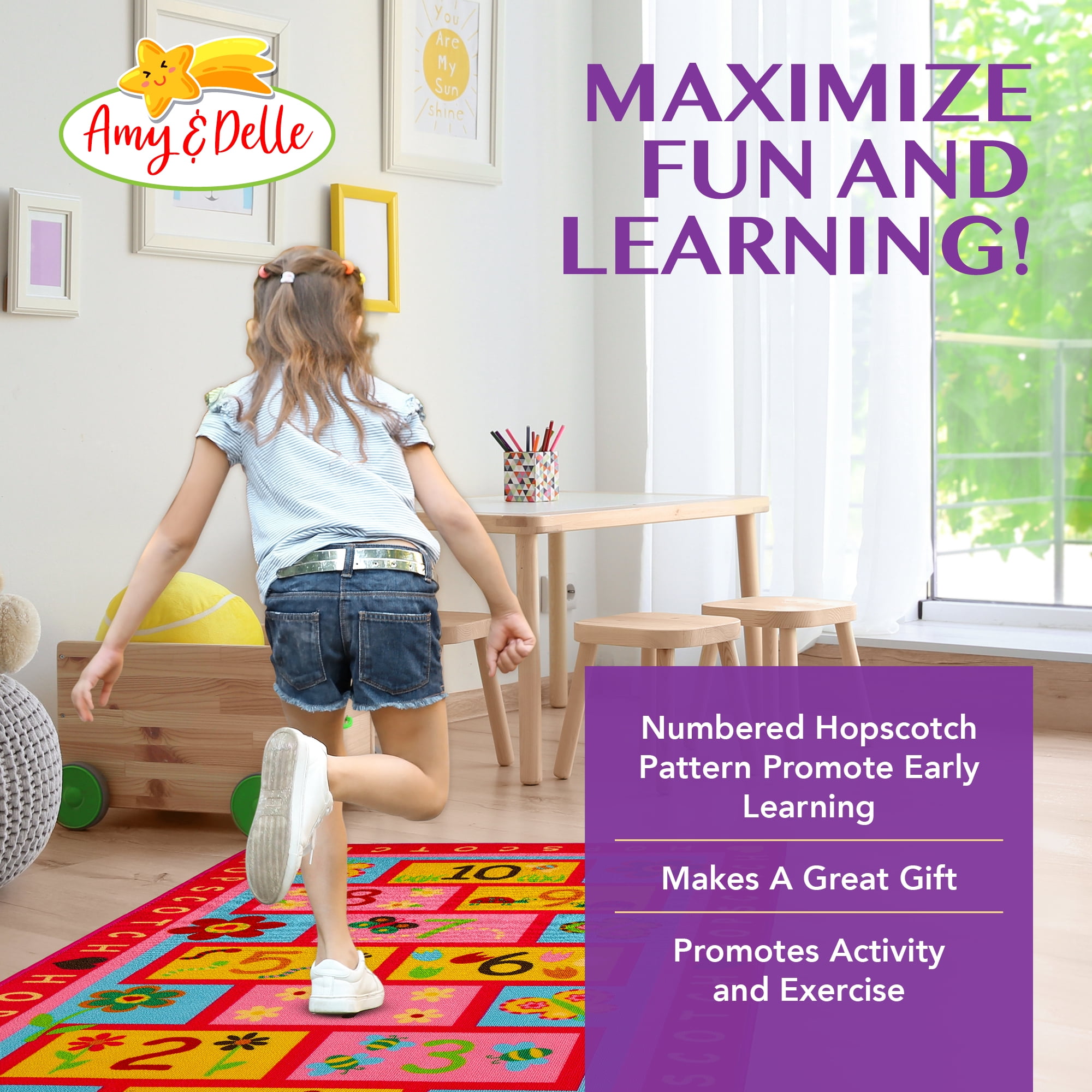 Hopscotch Rug Play Carpet â?? Educational & Fun Kidâ??s Mat for Bedroom, Nursery and Classroom â?? 10 Numbered Squares - Colorful Flower Design