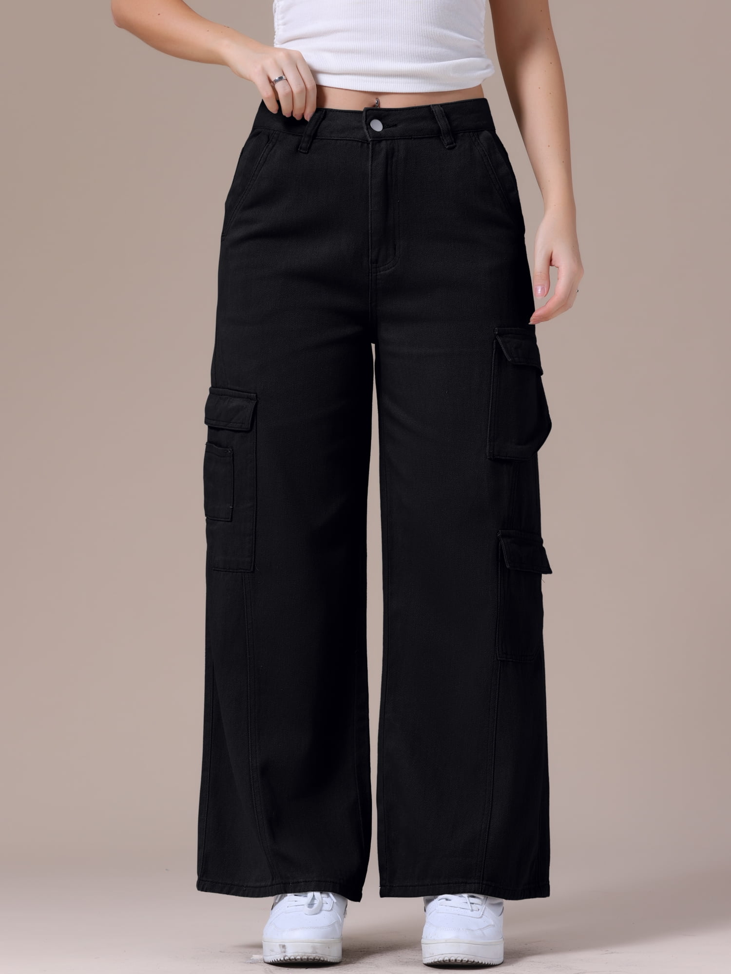 DARING DIVA Women's Baggy Jeans Multi-Pocket Cargo Denim Pants S Black
