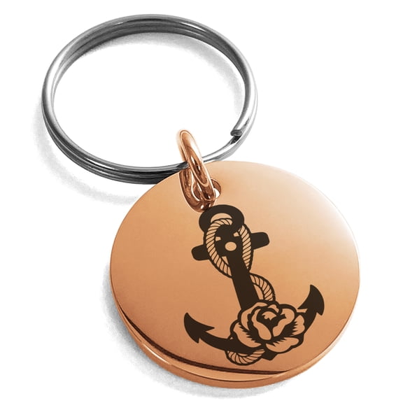 Stainless Steel Nautical Floral Rose Anchor Engraved Small Medallion Circle Charm Keychain Keyring