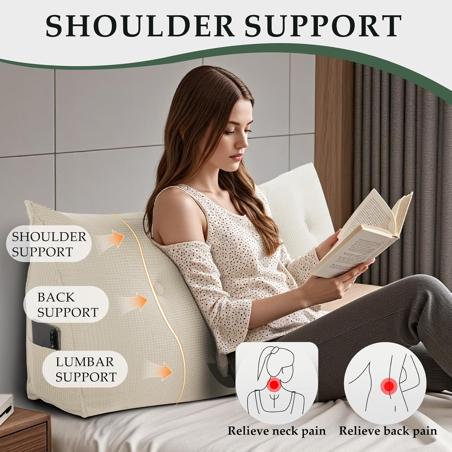 Soft Headboard Pillow Full Size, Wall Backrest Wedge Pillow Headboard Full, Reading Backboard Pillows, Large Dorm Daybed Bolster Pillows for Back Support with Removable Cover, Beige