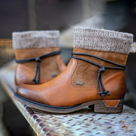 

Women Faux Leather Round Toe Middle Tube Boots Low Block Heel Warm Bootie Shoes