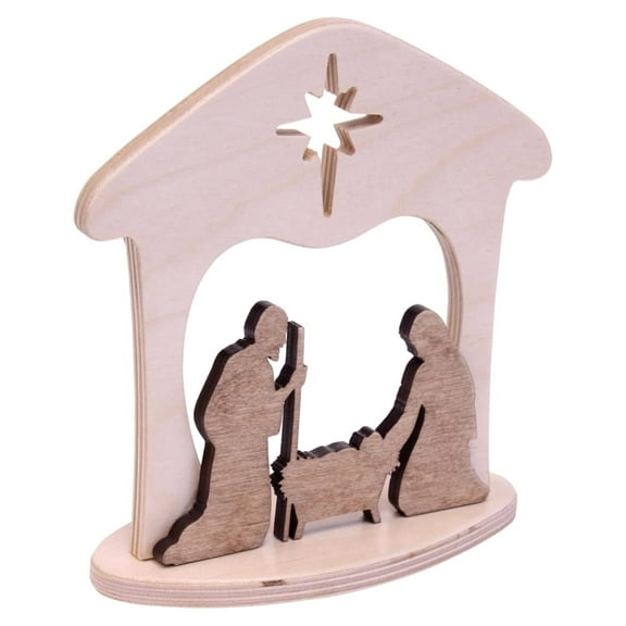 Wooden Manger Scene, One-Piece Nativity Set for Mantel or Table, Harvest and Natural Finish