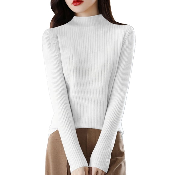 DondPO Womens Turtleneck Sweater Women's Spring Solid Color Semi High Neck Pullover Long Sleeved Base with Sweater Underneath Women'S Pullover Sweaters Women Mock Neck Sweater White 2XL Clearance!
