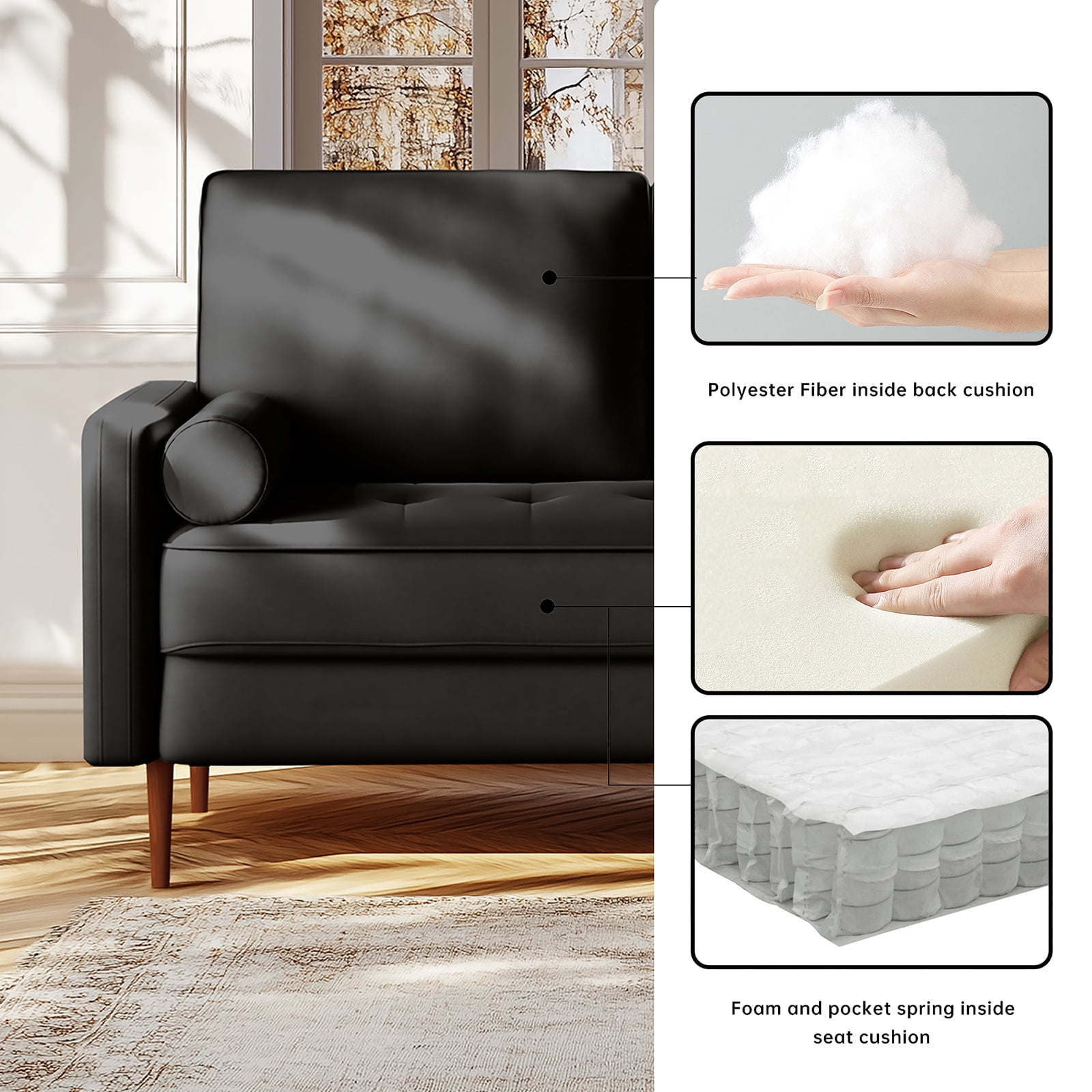 Dixie 57" Small Sofa Loveseat Couch, Premium Velvet Fabric And 2 Bolster Pillows Suitable for Apartment or Small Living Room, Black