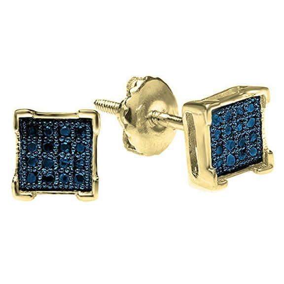 Dazzlingrock Collection Round Blue Diamond Mini Square Shape Screwback Unisex Stud Earrings (0.05 ctw, Color Blue, Clarity I2-I3) in 10K Yellow Gold