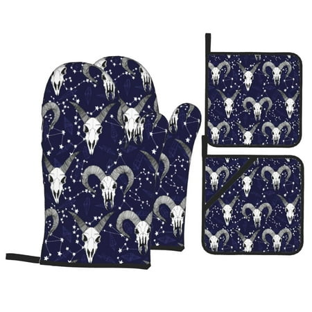 

Oven Mitts and Pot Holders Sets 4 pcs - goat skull star navyblue Heat Resistant Silicone Oven Gloves with Non-Slip Silicone Surface and hot pads for kitchen Baking Cooking BBQ
