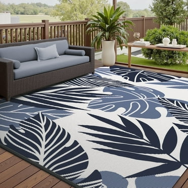VUNATE Outdoor Rug Carpet 5'x8' Waterproof Reversible Patio Rug Portable Indoor Outdoor Rug Plastic Straw Rug for Beach RV Camping Garden Picnic Deck Backyard Tropical Porch Decor Beige and Blue
