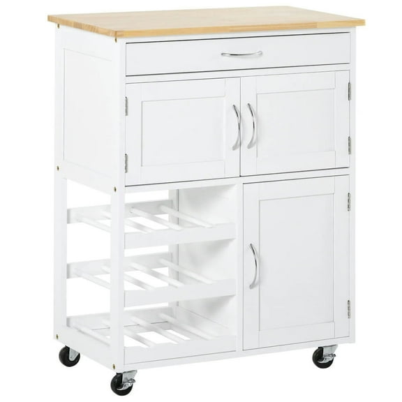 Topcobe Rolling Kitchen Cart, Kitchen Island with Storage Drawer, 9-bottle Wine Rack, Door Cabinets, Wooden Countertop, Modern Furniture, Kitchen Island Carts for Indoor, White
