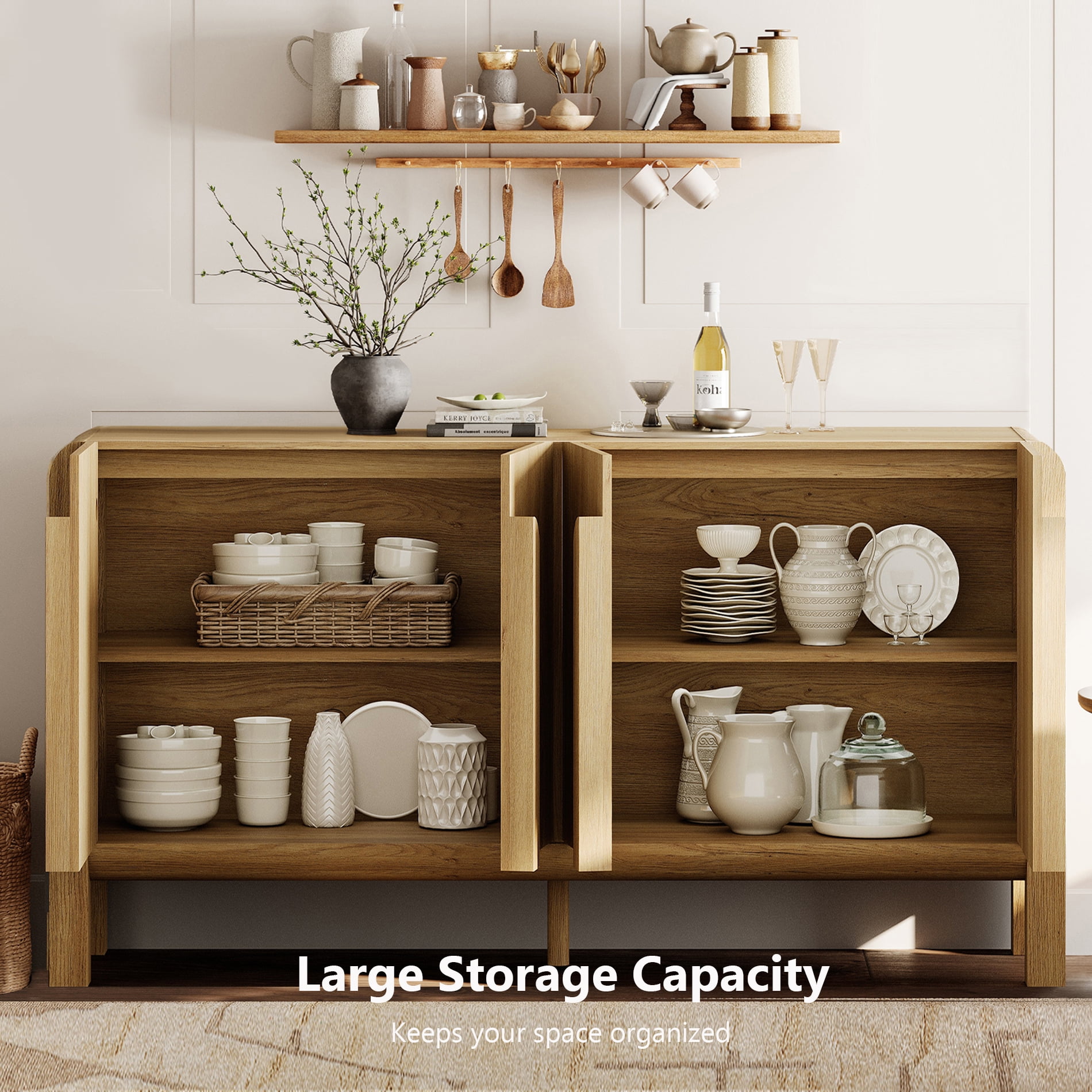 Mid-century 63" Wood Sideboard Buffet Cabinet with Storage, Modern Credenza with Doors and Adjustable Shelves for Kitchen Living Room, Dining Room