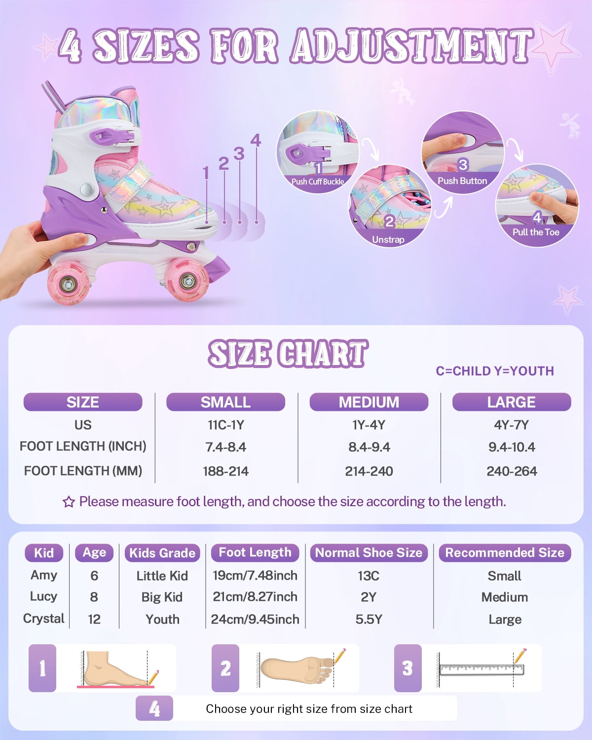 Gonex Roller Skates for Girls Boys 4 Size Adjustable Quad Skates with Light up Wheels