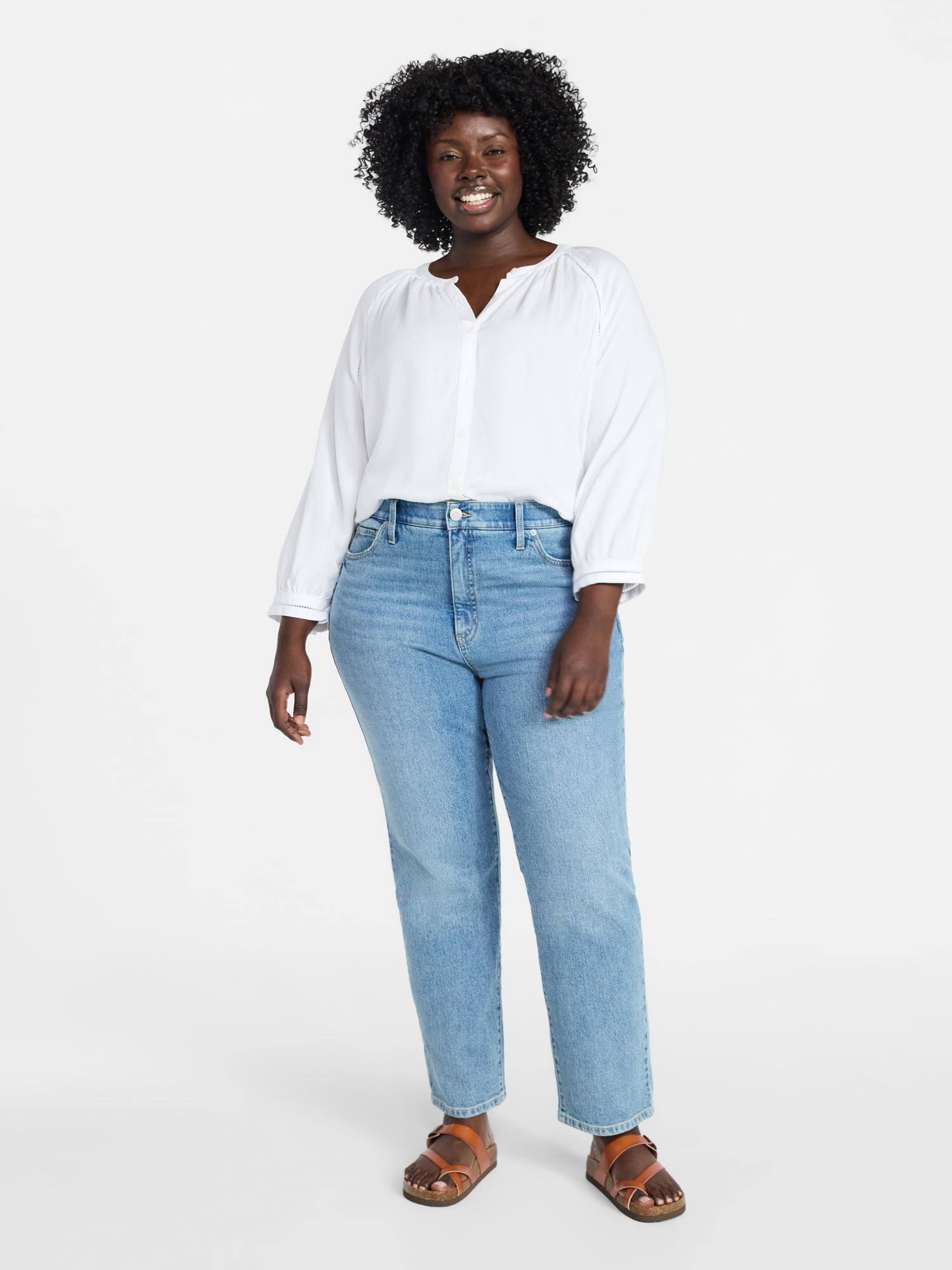 Terra & Sky Women's Plus Size Button Blouse with 3/4-Length Sleeves, Sizes 0X-5X