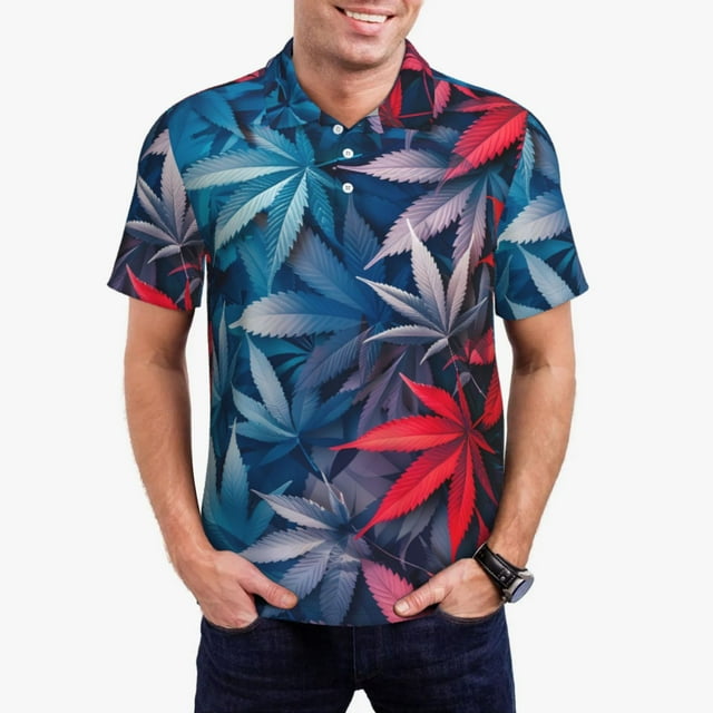 Fotbe Red And Blue Leaves Camiseta Polo de Golf para Hombre con Estampado – Camisa Deportiva Transpirable con Cuello Abotonado-Small