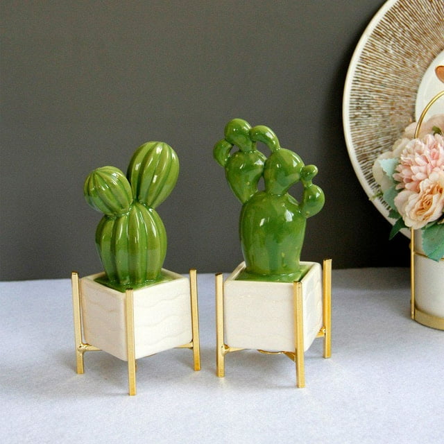 MesaSe 2PCs Fake Cactus Plants For Desk Decor Mini Desk Plants In White Ceramic Pots