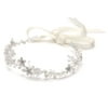 Mariell Crystal Bridal or Wedding Halo Headband with Silver Flowers, Ivory Pearls and Ivory Satin Ribbon