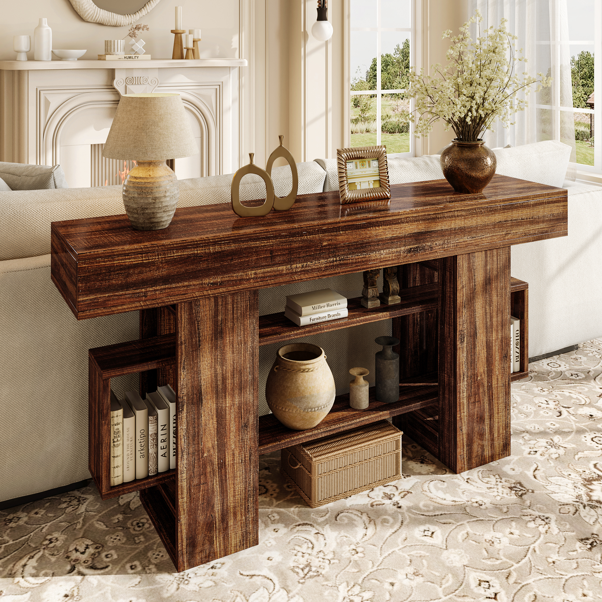 Einhomn 63" Farmhouse Wood Console Table, Modern Entryway Table with Open Storage for Behind Couch, Living Room