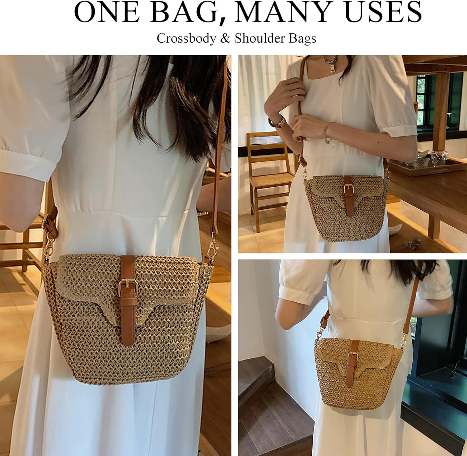 Straw Purses for Women, Summer Straw Crossbody Bag Purses Woven Straw Beach Bag for Vacation