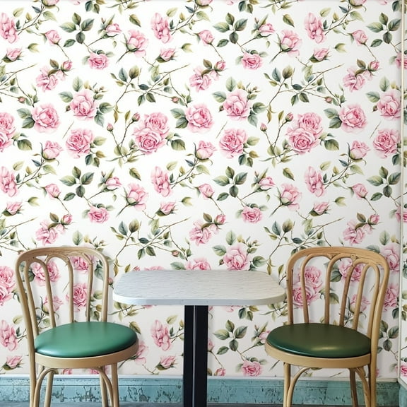 GYTY Watercolor Pink Rose Wallpaper, Self-Adhesive Peel and Stick Contact Paper, Removable Waterproof Wall Stickers, Classic Retro Floral Home Decor for Room, Kitchen, Furniture Renovation