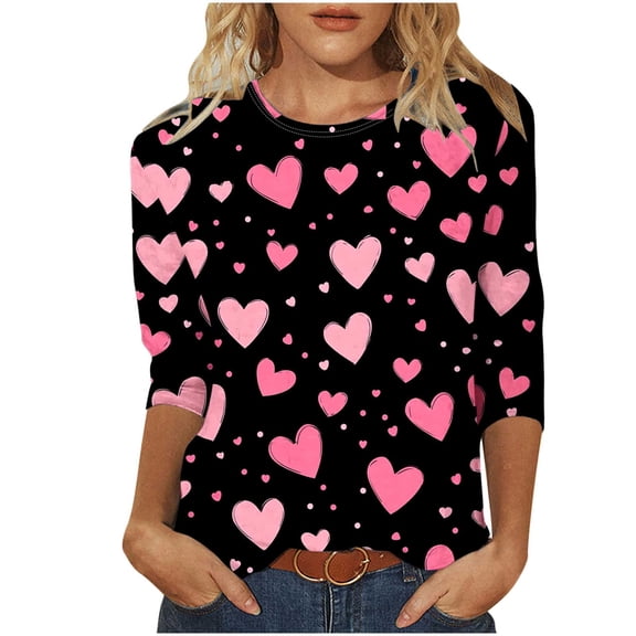 SELONE Womens Tshirts Valentine Heart Print 3/4 Sleeve Pullover Crewneck Sweatshirt Casual Tops Black 2XL