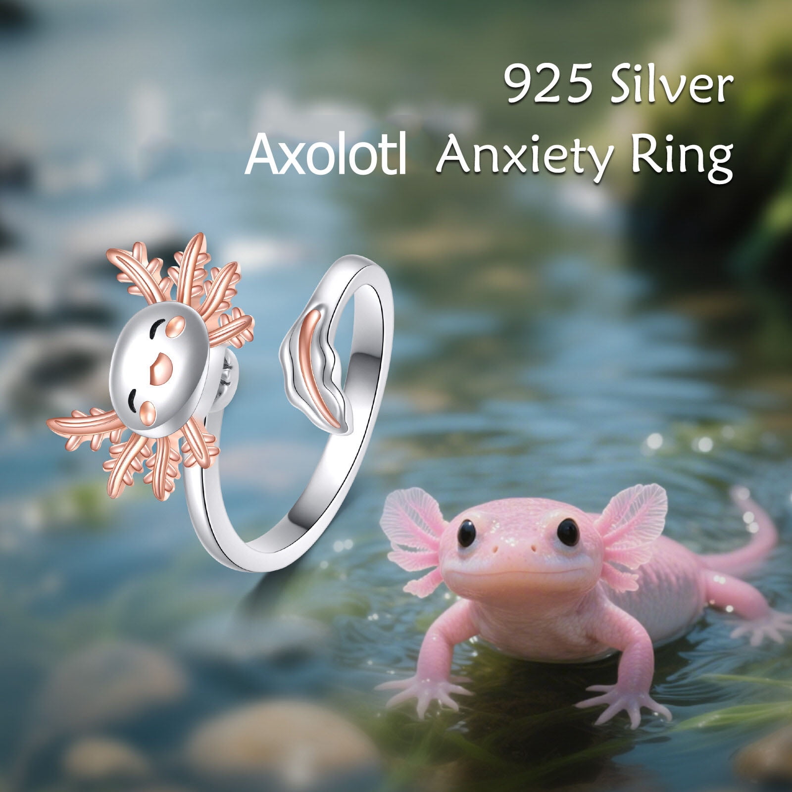 YAFEINI Axolotl Fidget Spinner Ring Sterling Silver Adjustable Axolotl Ring Anti Stress Jewelry Gift for Women