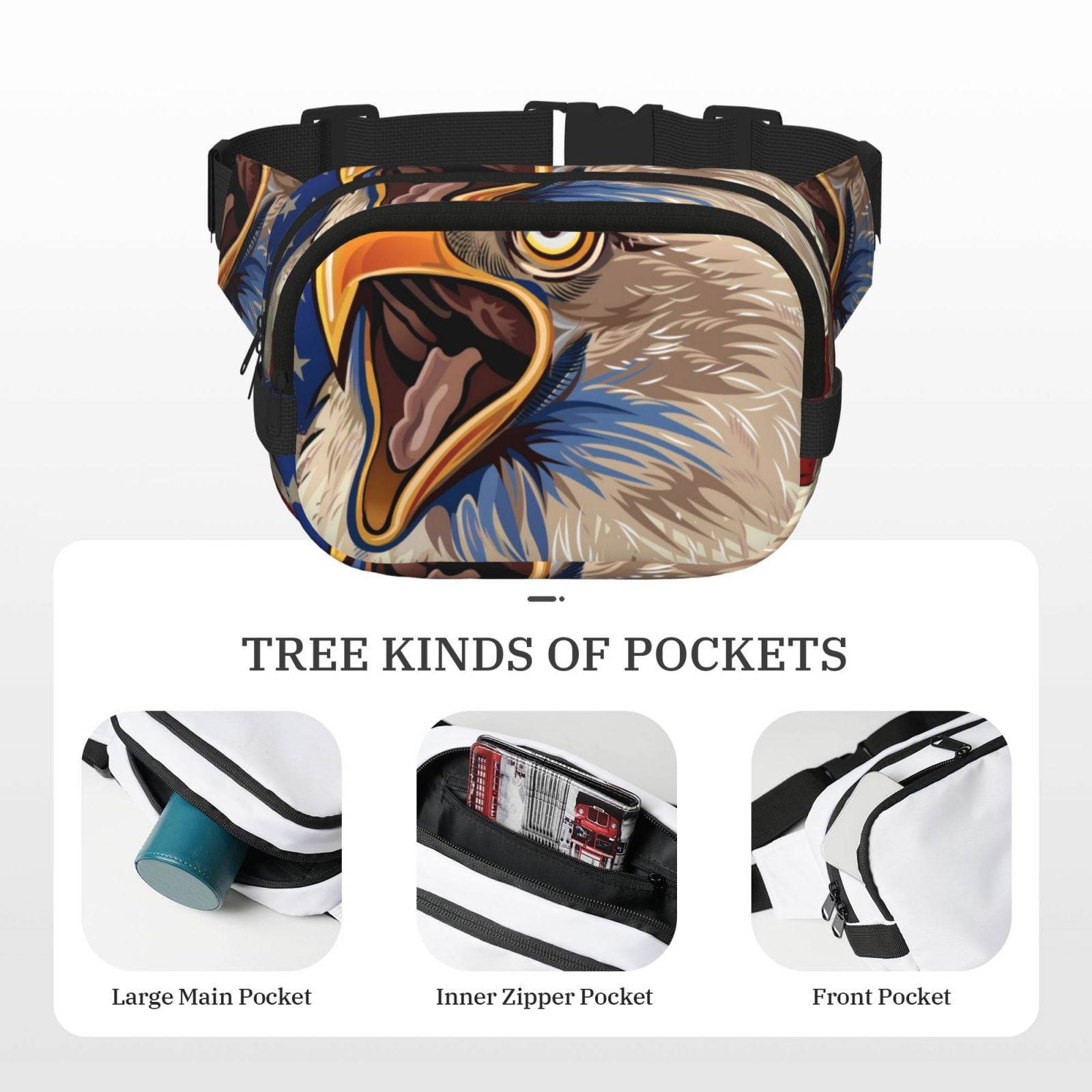 Picia Eagle With USA Flags Print Square Double-Layer Waist Bag Mini Adjustable Waist Belt Bag Exercise Running Travel Hiking