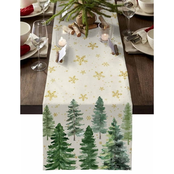 Christmas Table Runner Christmas Tree Table Runners Green Pine Tree Gold Snowflake Linen Cotton Linen Dresser Scarf Kitchen Dining Table Decor for Christmas Holiday Party Decor 13x72 Inch
