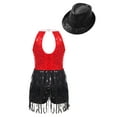 thumbnail image 2 of YEAHDOR Kids Girls Shiny Sequins Tassels Dance Leotard with Hat Jazz Hip Hop Dance Competition Costume A Red&Black 14, 2 of 5