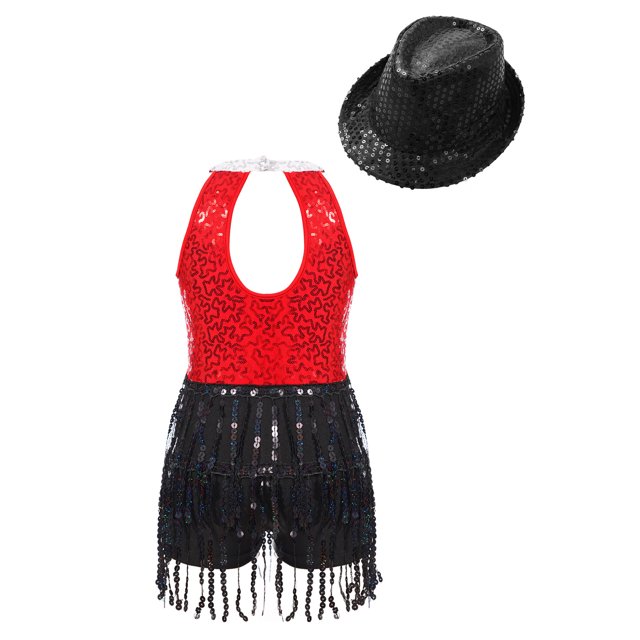 Rswnyirn Robe de Danse Latine à Sequins pour Filles Jazz Tango Rumba Salsa et Chapeau Tutu Rouge&Noir 8