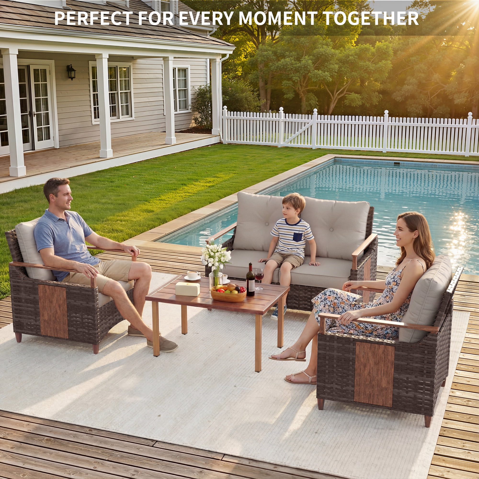 NestNook 4-Piece Wicker Patio Furniture Set, 4-Seat Conversation Set with Loveseat, 2 Fixed Chairs, Table, 330lb Weight Capacity, Waterproof Cushions