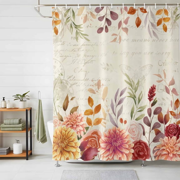 Shower Curtains for Bathroom, Red Orange Floral Fall Waterproof Fabric Shower Curtain, Thanksgiving Eucalyptus Leaves Autumn Decorative Bathroom Curtain for Bathtub, 36"x72", No Hooks Included