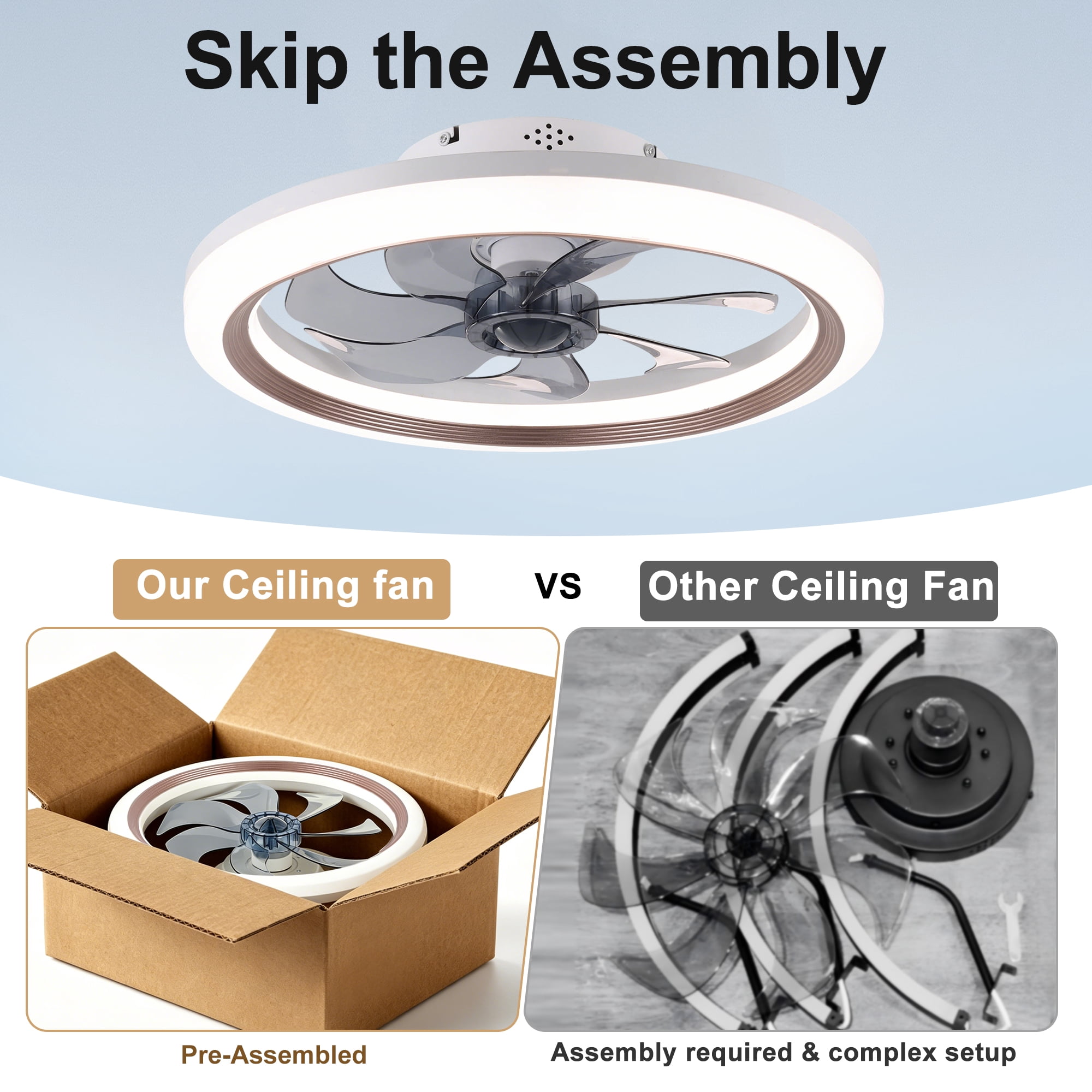 LISUNAR Ceiling Fans with Lights,20" Low Profile Ceiling Fan with Light,Dimmable LED Ceiling Fan,Modern Flush Mount Fan Light,App & Remote Control,Bladeless Ceiling Fans for Bedroom,Living Room-Brown