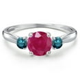 thumbnail image 3 of Gem Stone King 10K White Gold Red Ruby and Blue Diamond 3-Stone Ring for Women | 1.20 Cttw | Round 6MM | Gemstone July Birthstone | Size 6, 3 of 6