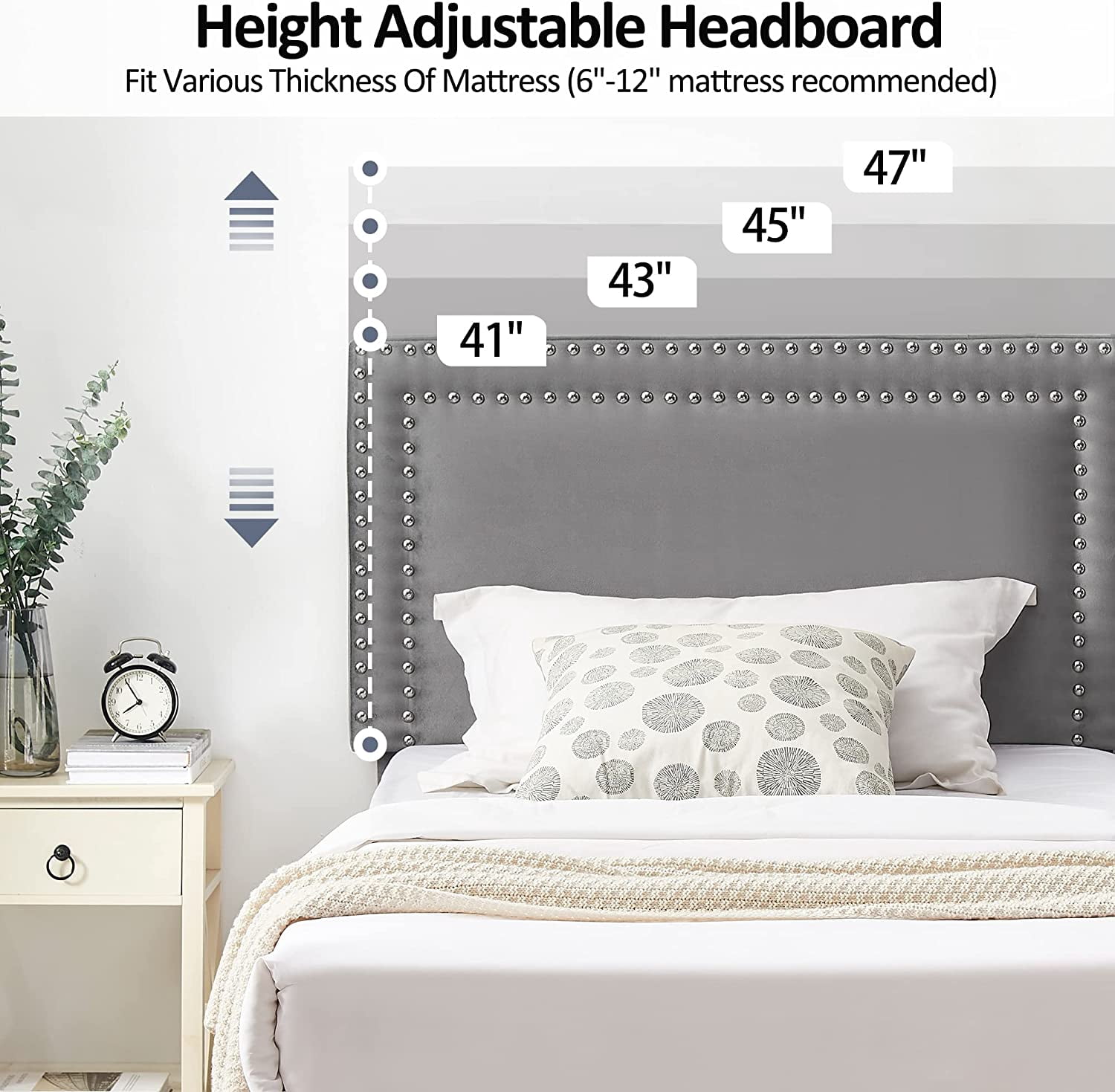 Katkuca Twin Bed Frame, Upholstered Queen Size Platform Bed Frame with Adjustable Headboard, Strong Wood Slat Support, No Box Spring Needed, Dark Gray