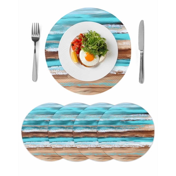 Turquoise Brown Round 13 Inch Placemats Set of 4, Abstract Wood Grain Gradient Stripes HeatResistant Non Slip Place Mats for Dining Table, Wipeable Braided Kitchen Table Mats for Housewarming