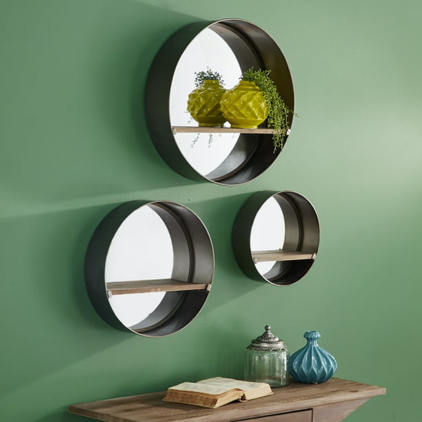 Decmode Large, Round Silver Metal Wall Mirrors with Natural Wood