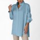 thumbnail image 2 of Blusa holgada con botones para mujer: cuello en V con solapa, mangas largas abullonadas con volantes, vestido camisero de color liso, adecuado para fiestas/playa, tallas S/XXXXL., 2 of 5