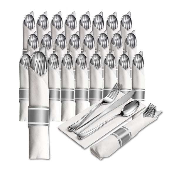 Prestee 25 Pre Rolled Silver Plastic Silverware - 100pc Set, Service for 25 - Wrapped Disposable Set with Forks, Knives, Spoons, White Napkins - Fancy Decorative Flatware for Dinner, Party, Wedding