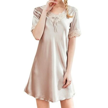 Akiihool Womens Nightgowns Plus Size Women Lingerie Satin Nightgown Silk Chemise Mini Slips V Neck Negligee Sleepwear with Adjustable Straps (Beige M)