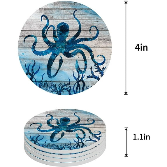 FMSHPON Theme Octopus Coral Wood Grain Set of 8 Round Coaster for Drinks, Absorbent Ceramic Stone Coasters Cup Mat with Cork Base for Home Kitchen Room Coffee Table Bar Decor
