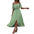 thumbnail image 4 of VISgogo Vestido de mujer, estampado floral, hombros descubiertos, manga corta, decoración de botones, dobladillo con volantes, vestido de blusón VISgogo  moda, 4 of 9