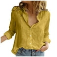 thumbnail image 1 of Blusa de lino de manga larga con cuello en V para mujer - Camisa abotonada, poliéster + spandex, informal/para la oficina, bolsillos delanteros, 1 of 5