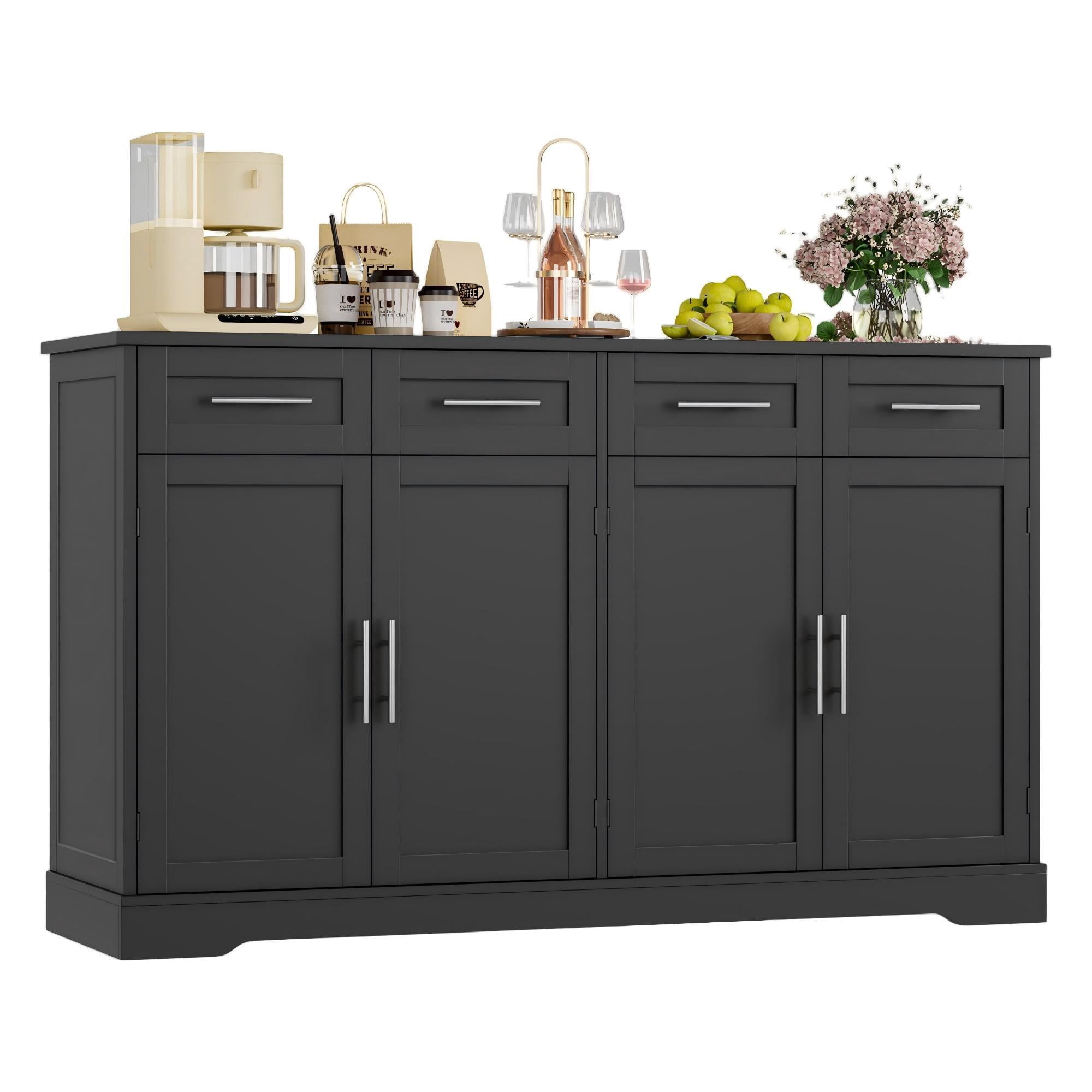 Homfa Modern Buffet Cabinet with 4 Drawers and 4 Doors, 59" W Sideboard Buffet Storage Cabinet with Shelves, for Kitchen Living Room Bedroom, Black
