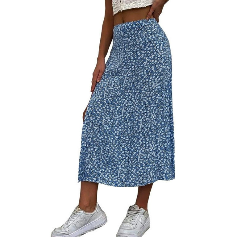Blphud Skirts Wool Skirt Floral Midi Skirt for Women By Women s Printed Maxi Skirt Bohemian Style Long Flowy Skirt Tops for Skirts Light Blue M