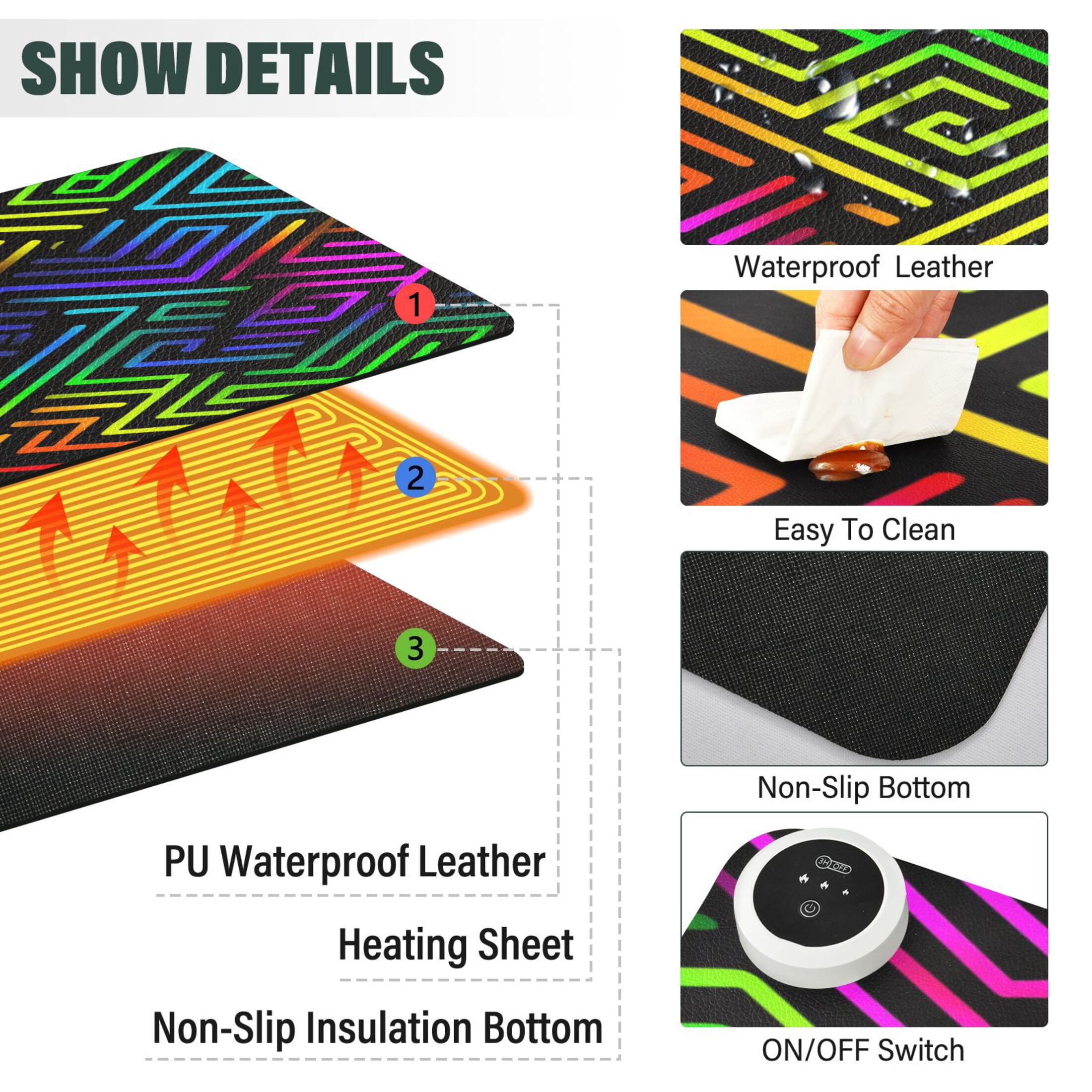 Large Heated Desk Mat Mouse Pad 31.5"x13"PU Leather Graphene Heating Desk Warmer with 3 Temperature Settings 110V US Plug Non-Slip Warm Pad for Home, Office, and Gaming Rainbow Neon Labyrinth Print